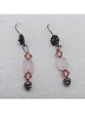 Vintage Faceted Rose Quartz & Crystal Dangle Earrings With Floral Metal Accents